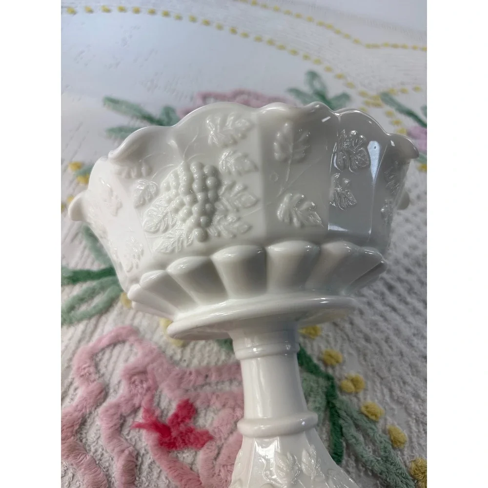 Westmoreland Milk Glass Paneled Grape Pedestal Bowl Scalloped Compote Candy Dish